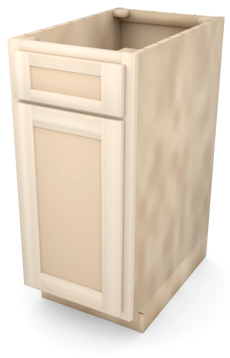Brushhollow 15" base, 5" drawer over a 23" door, flat panel, 3/4 view, unfinished