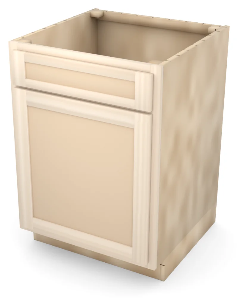 Brushhollow 24" base, 5" drawer over a 23" door, flat panel, 3/4 view, unfinished