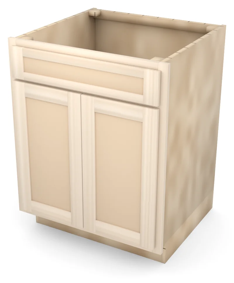 Ridgehollow 27" base, 5" drawer over two 23" doors, flat panel, 3/4 view, unfinished