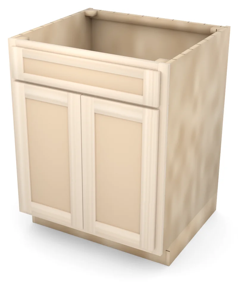 Brushhollow 27" base, 5" drawer over two 23" doors, flat panel, 3/4 view, unfinished