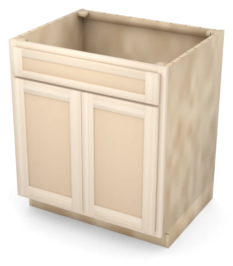 Brushhollow 30" base, 5" drawer over two 23" doors, flat panel, 3/4 view, unfinished