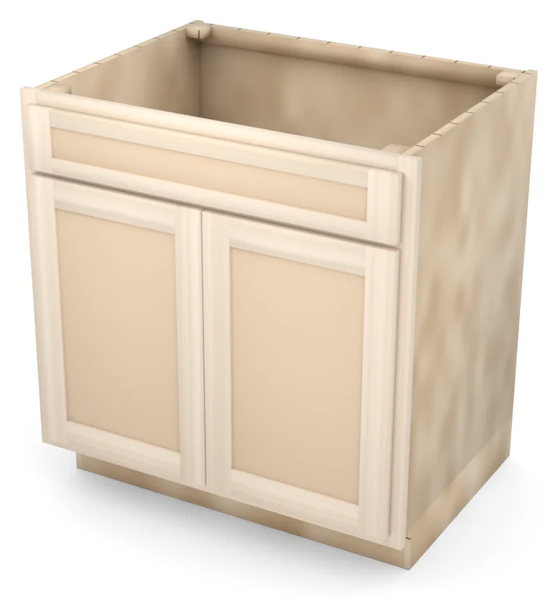 Brushhollow 33" sink base, 5" false front over two 23" doors, flat panel, 3/4 view, unfinished