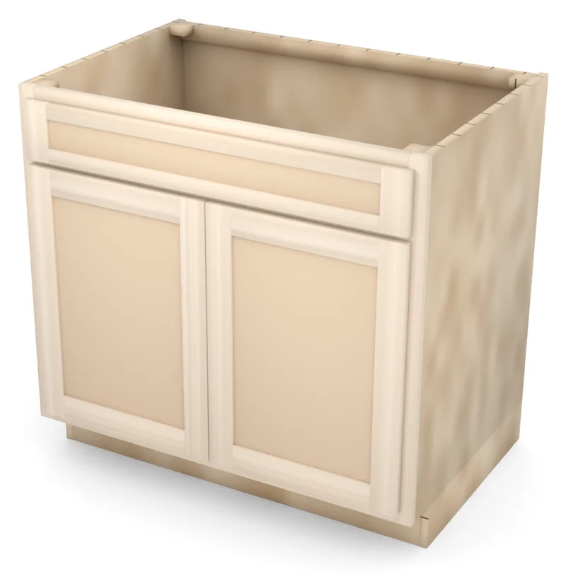 Brushhollow 36" base, 5" drawer over two 23" doors, flat panel, 3/4 view, unfinished