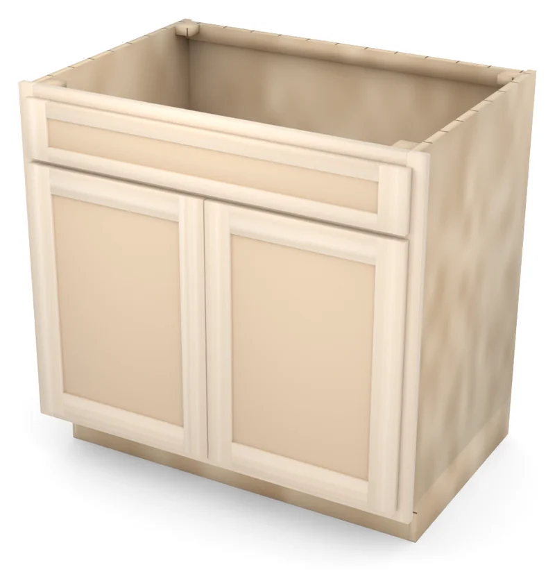 Brushhollow 36" sink base, 5" false front over two 23" doors, flat panel, 3/4 view, unfinished