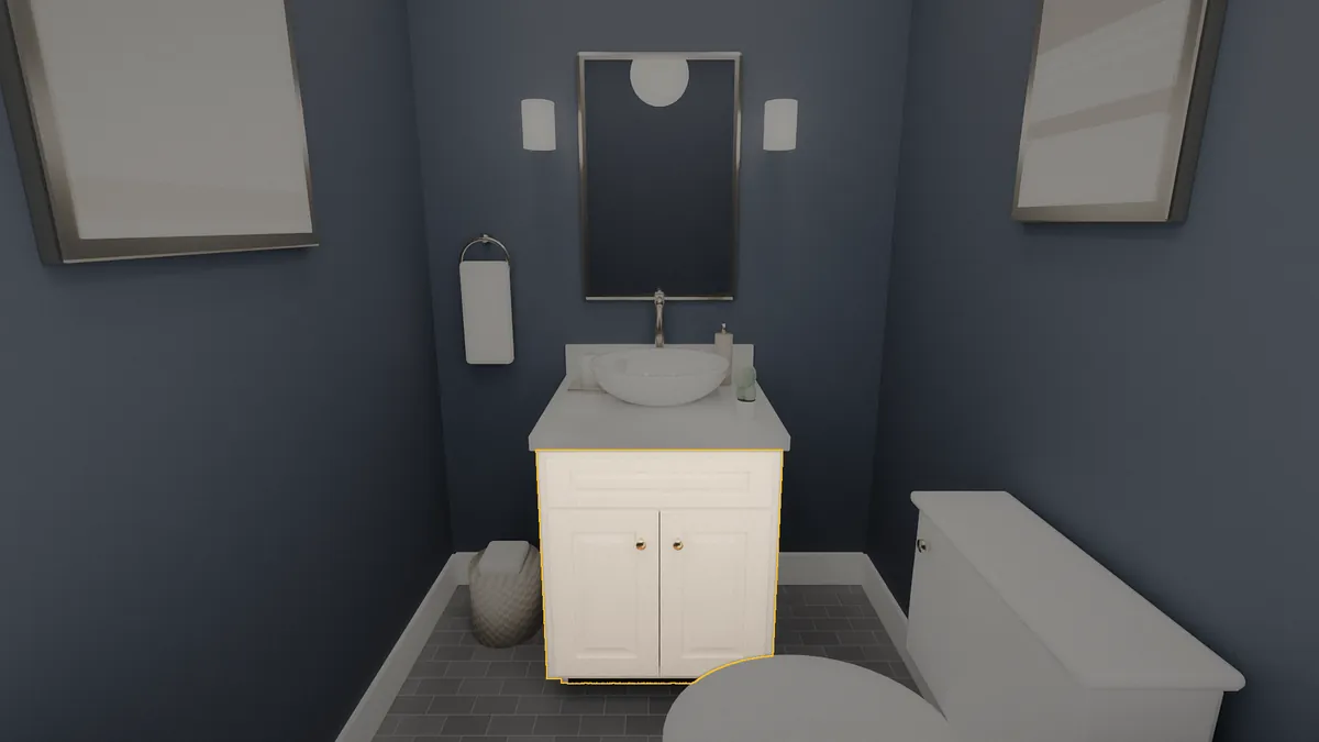 24 inch bathroom vanity, 32 inch finished height, raised panel doors, shown in a finished bathroom