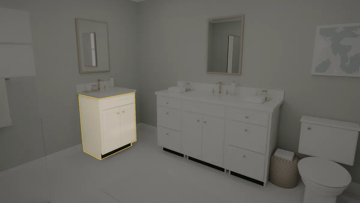 24 inch Brushhollow bathroom vanity, 36 inch finished height, flat panel doors, shown in a finished bathroom