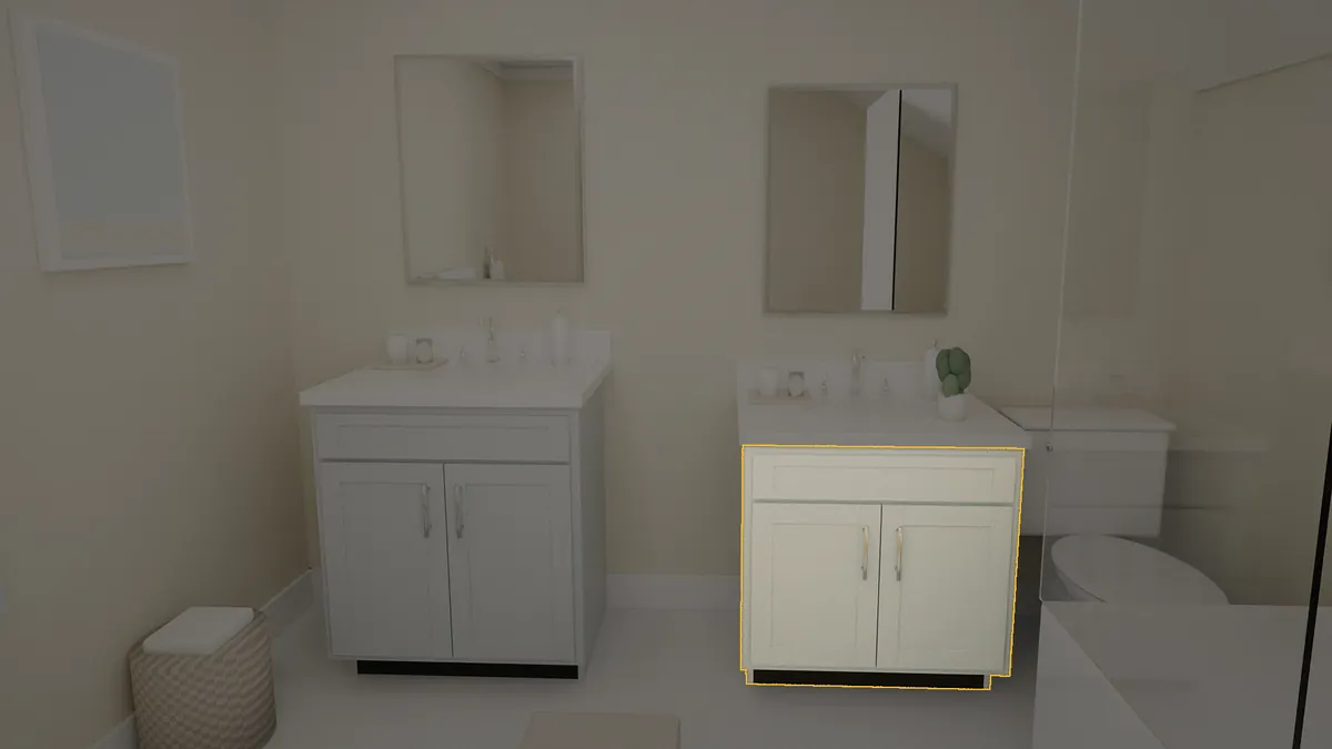 30 inch Brushhollow bathroom vanity, 32 inch finished height, flat panel doors, shown in a finished bathroom