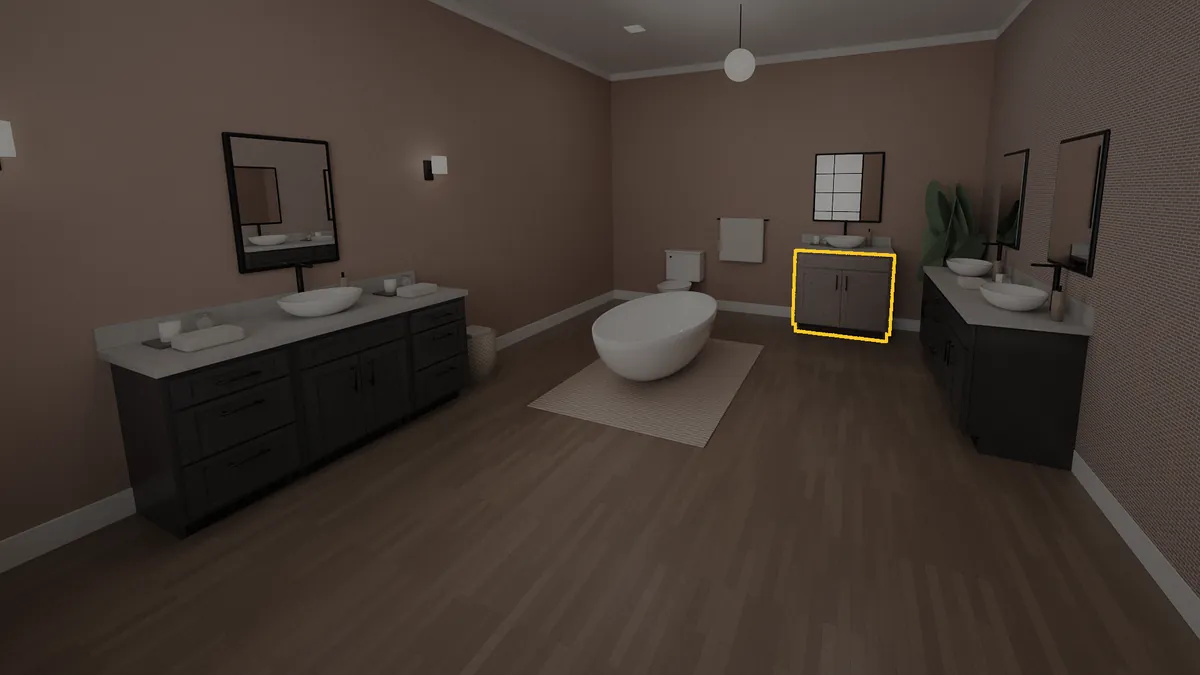 36 inch Brushhollow bathroom vanity, 36 inch finished height, flat panel doors, shown in a finished bathroom