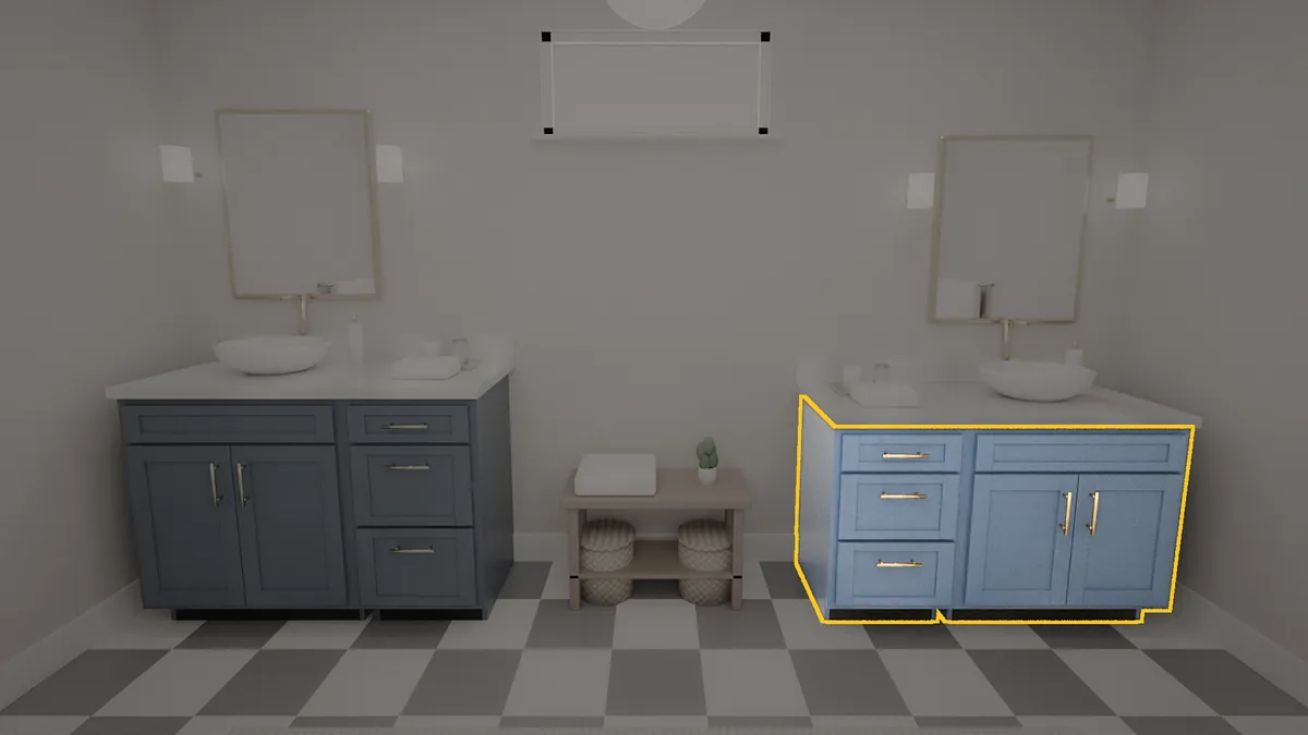48 inch Brushhollow bathroom vanity, 32 inch finished height, flat panel doors, shown in a finished bathroom