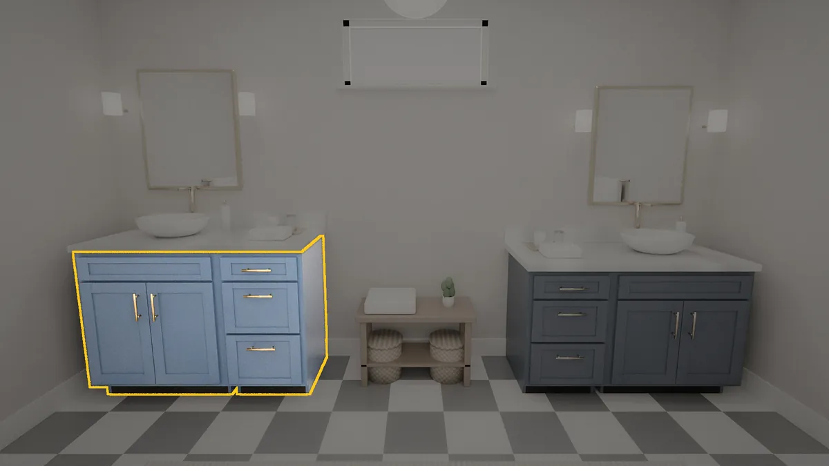 48 inch Brushhollow bathroom vanity, 36 inch finished height, flat panel doors, shown in a finished bathroom
