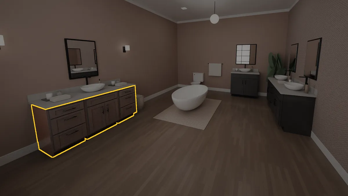 60 inch Brushhollow bathroom vanity, 32 inch finished height, flat panel doors, shown in a finished bathroom