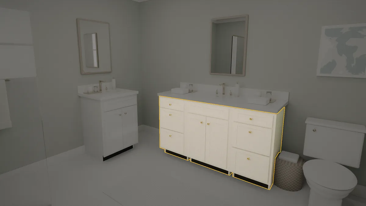 60 inch Brushhollow bathroom vanity, 36 inch finished height, flat panel doors, shown in a finished bathroom