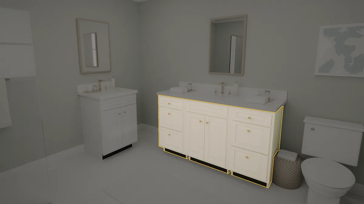 60 inch bathroom vanity, 36 inch finished height, raised panel doors, shown in a finished bathroom