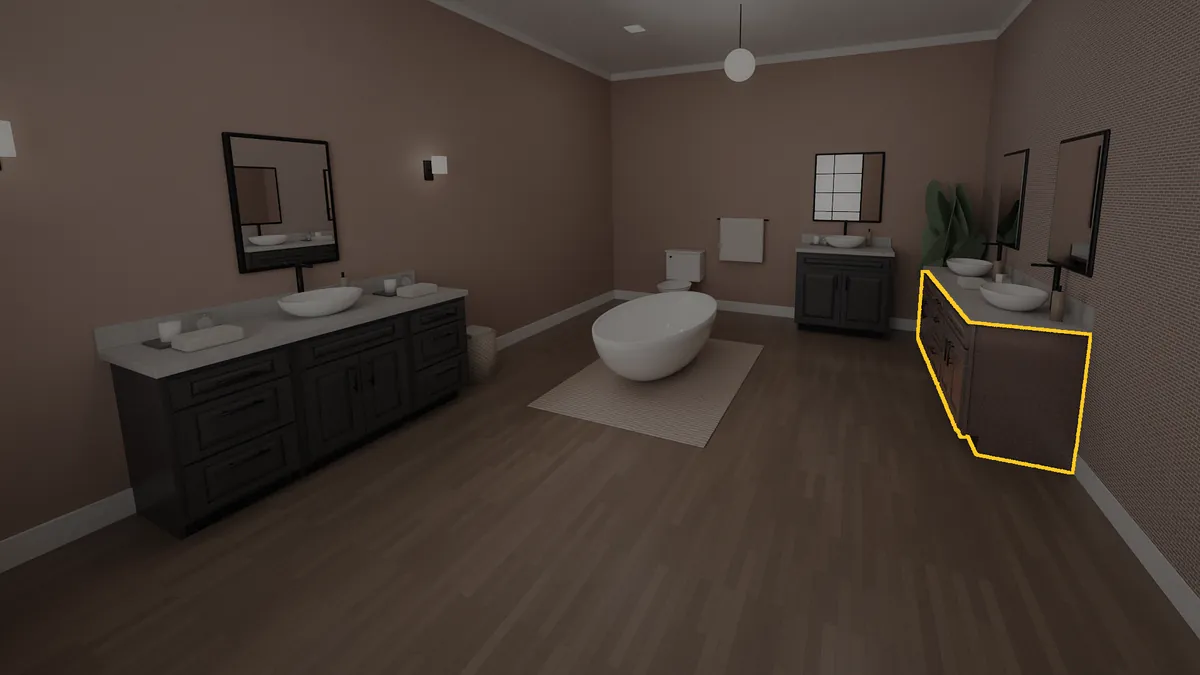 72 inch bathroom vanity, 32 inch finished height, raised panel doors, shown in a finished bathroom