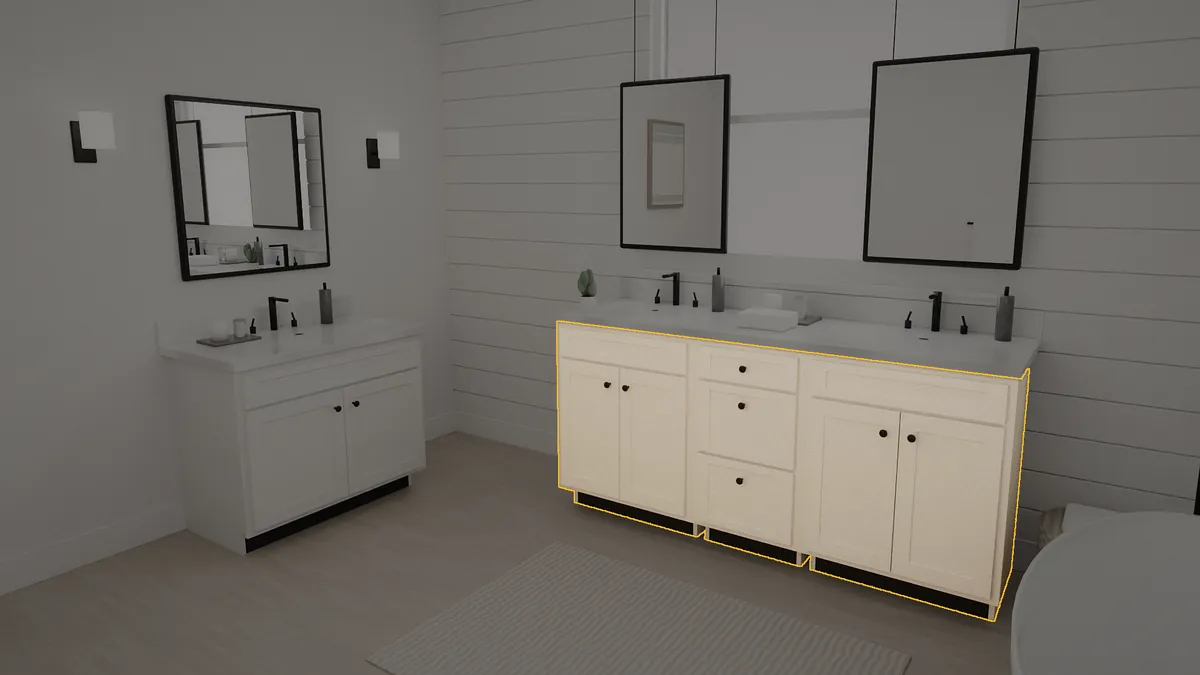 72 inch Brushhollow bathroom vanity, 36 inch finished height, flat panel doors, shown in a finished bathroom