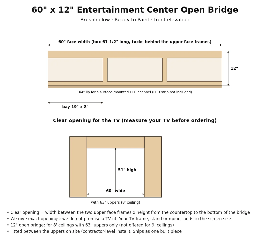 60" x 12" Entertainment Center Open Bridge spec drawing with dimensions