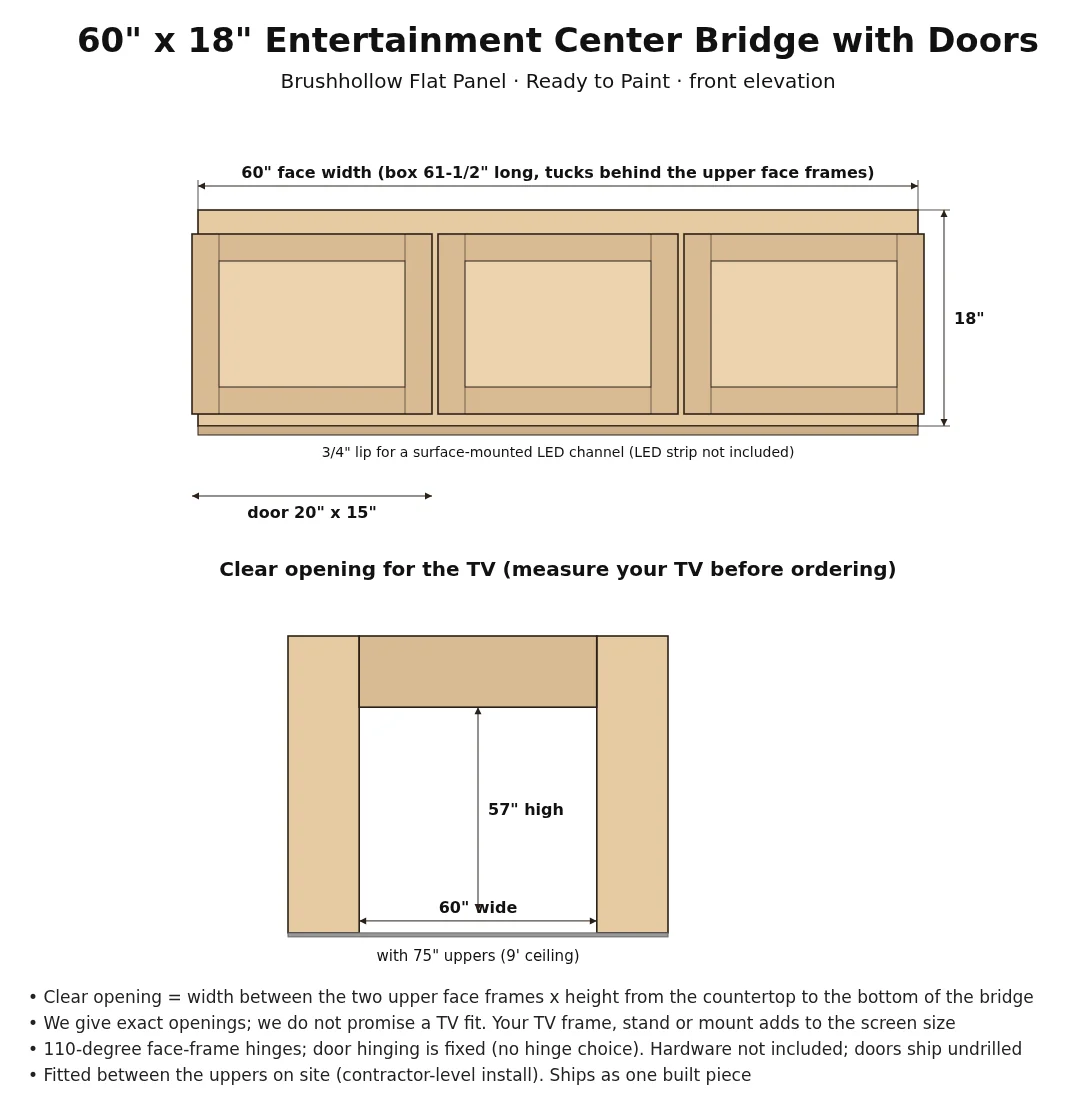 60" x 18" Entertainment Center Bridge with Doors spec drawing with dimensions