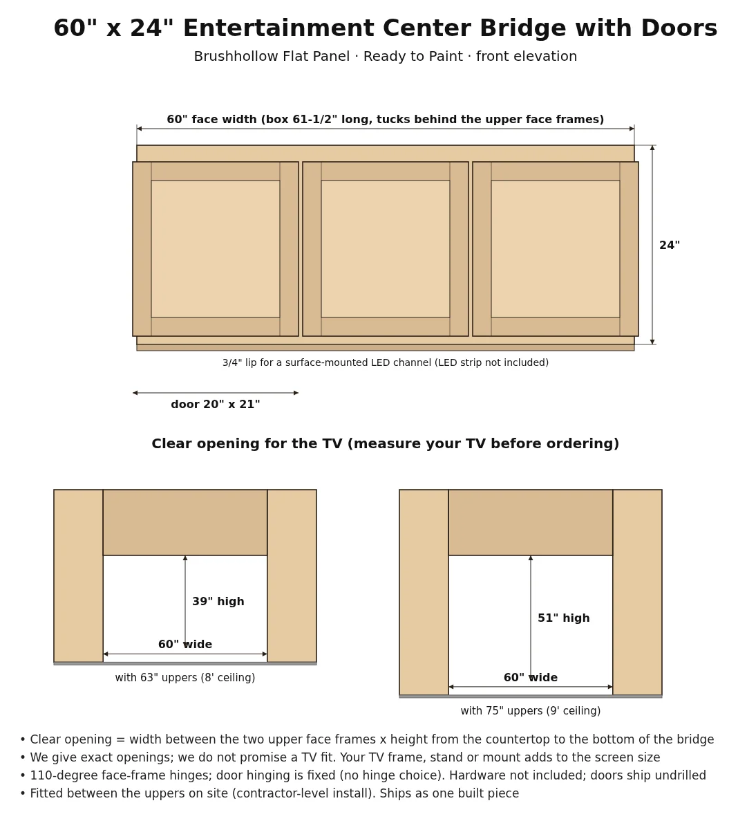60" x 24" Entertainment Center Bridge with Doors spec drawing with dimensions