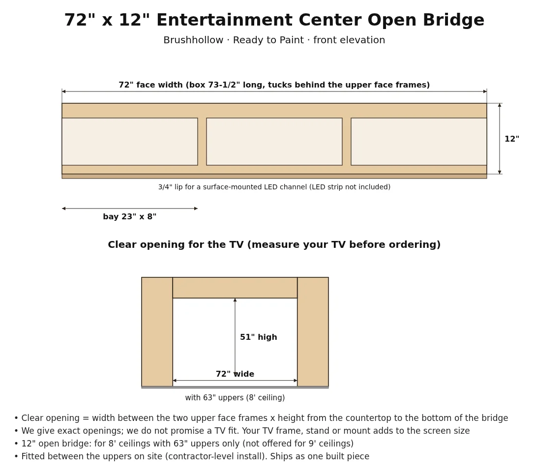 72" x 12" Entertainment Center Open Bridge spec drawing with dimensions