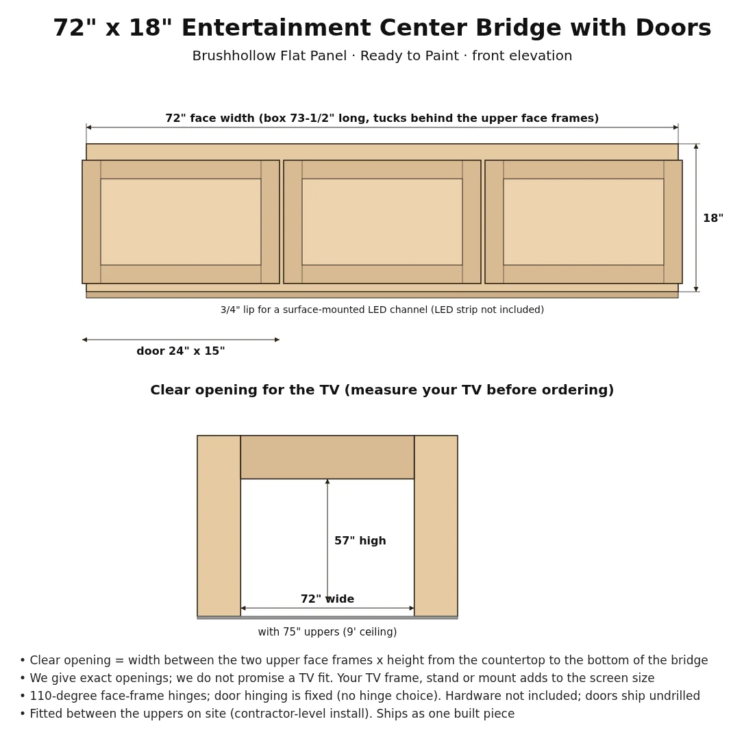 72" x 18" Entertainment Center Bridge with Doors spec drawing with dimensions