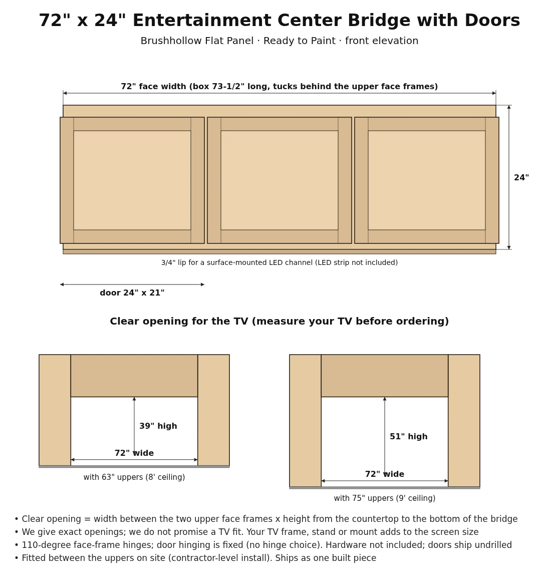 72" x 24" Entertainment Center Bridge with Doors spec drawing with dimensions
