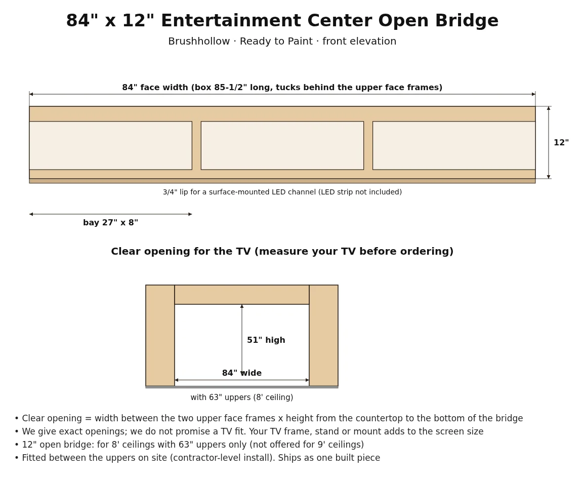 84" x 12" Entertainment Center Open Bridge spec drawing with dimensions