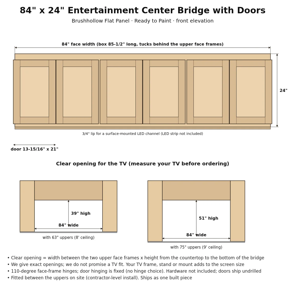 84" x 24" Entertainment Center Bridge with Doors spec drawing with dimensions