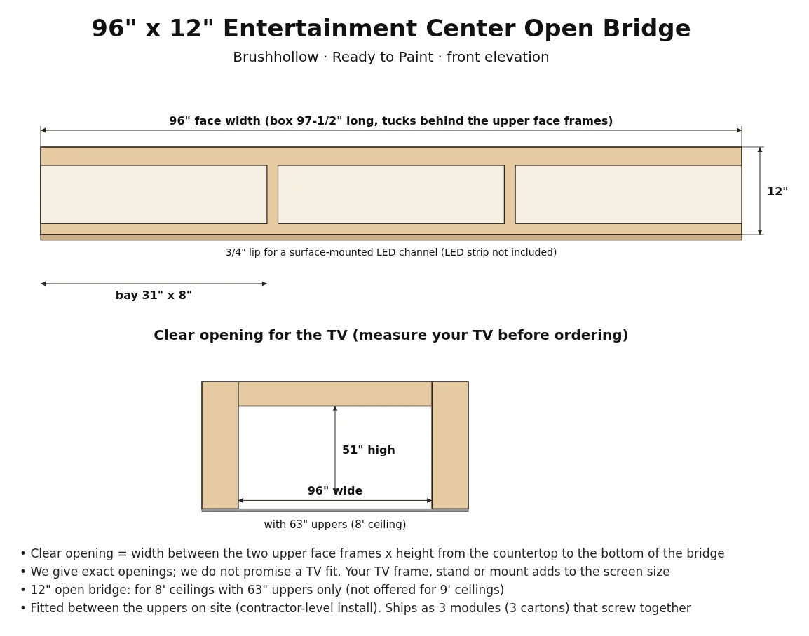 96" x 12" Entertainment Center Open Bridge spec drawing with dimensions