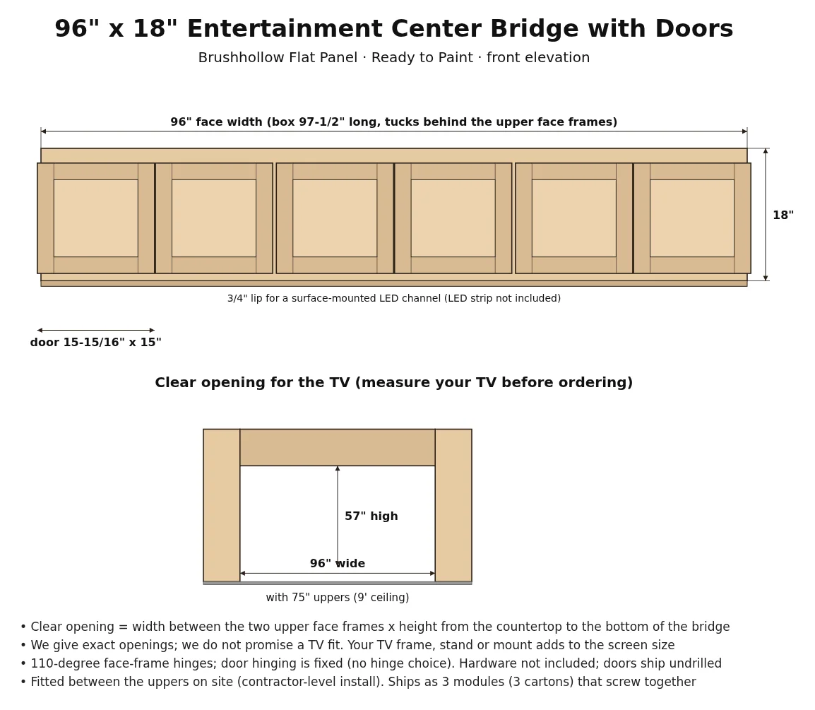 96" x 18" Entertainment Center Bridge with Doors spec drawing with dimensions
