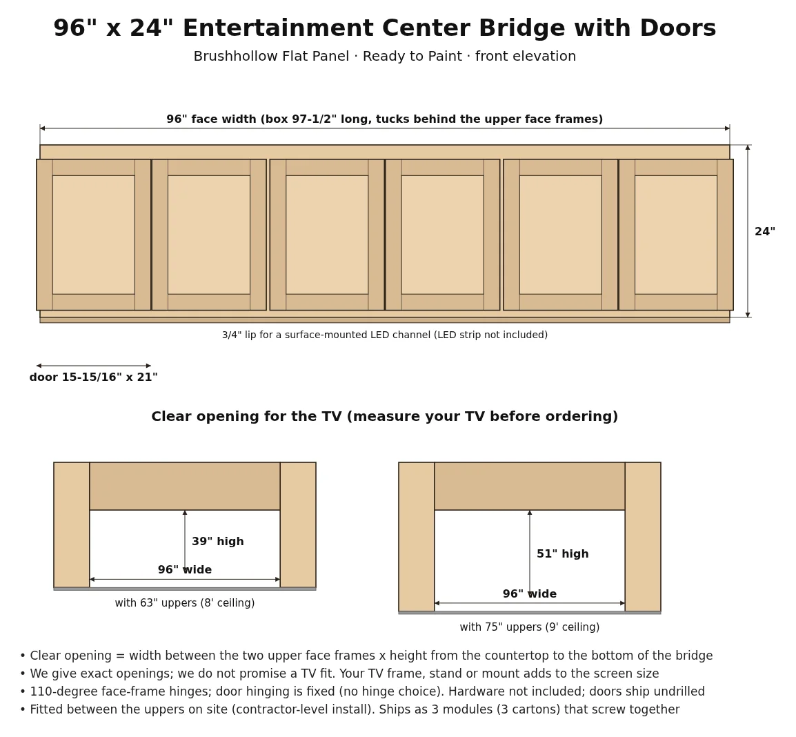 96" x 24" Entertainment Center Bridge with Doors spec drawing with dimensions