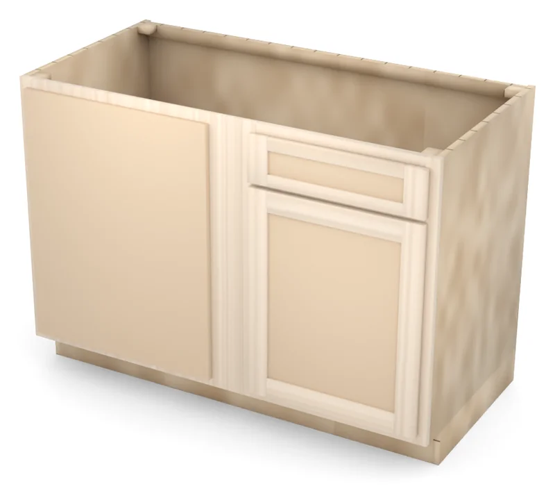 Brushhollow 48" blind corner base, blind left, flat panel door hinged on the left (blind side), 3/4 view, unfinished