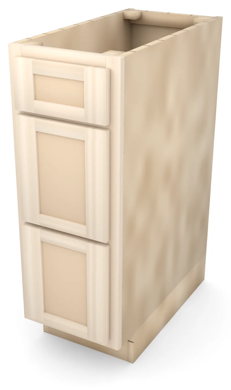 Brushhollow 12" 3-drawer base, Shaker fronts, 3/4 view, unfinished