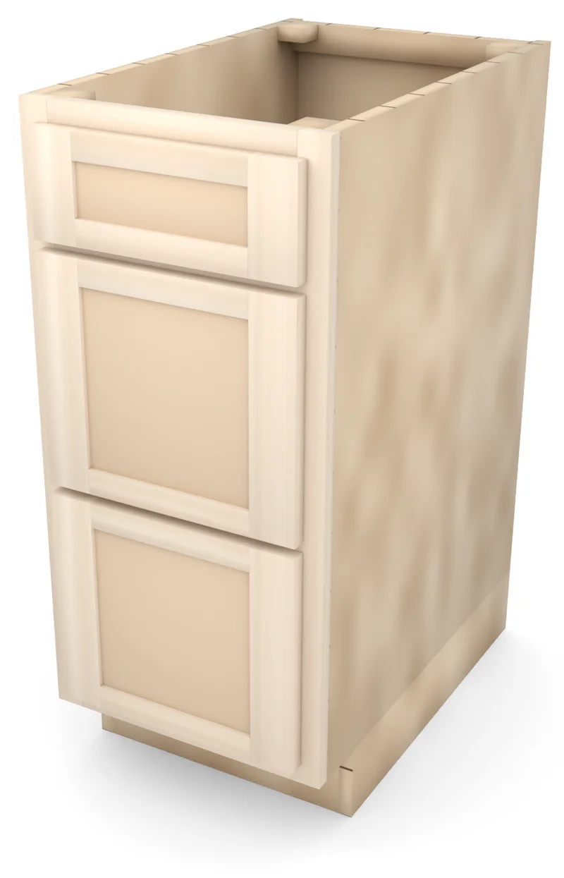 Brushhollow 15" 3-drawer base, Shaker fronts, 3/4 view, unfinished