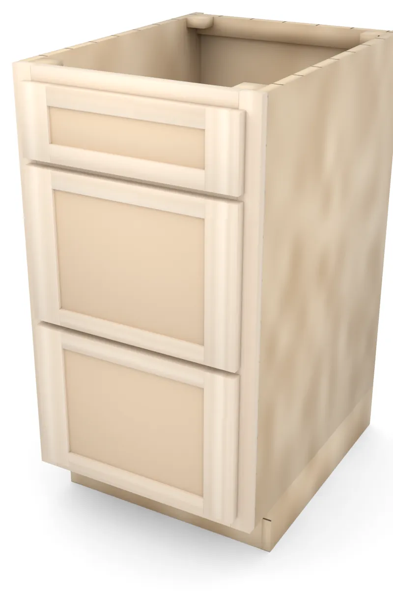 Brushhollow 18" 3-drawer base, Shaker fronts, 3/4 view, unfinished