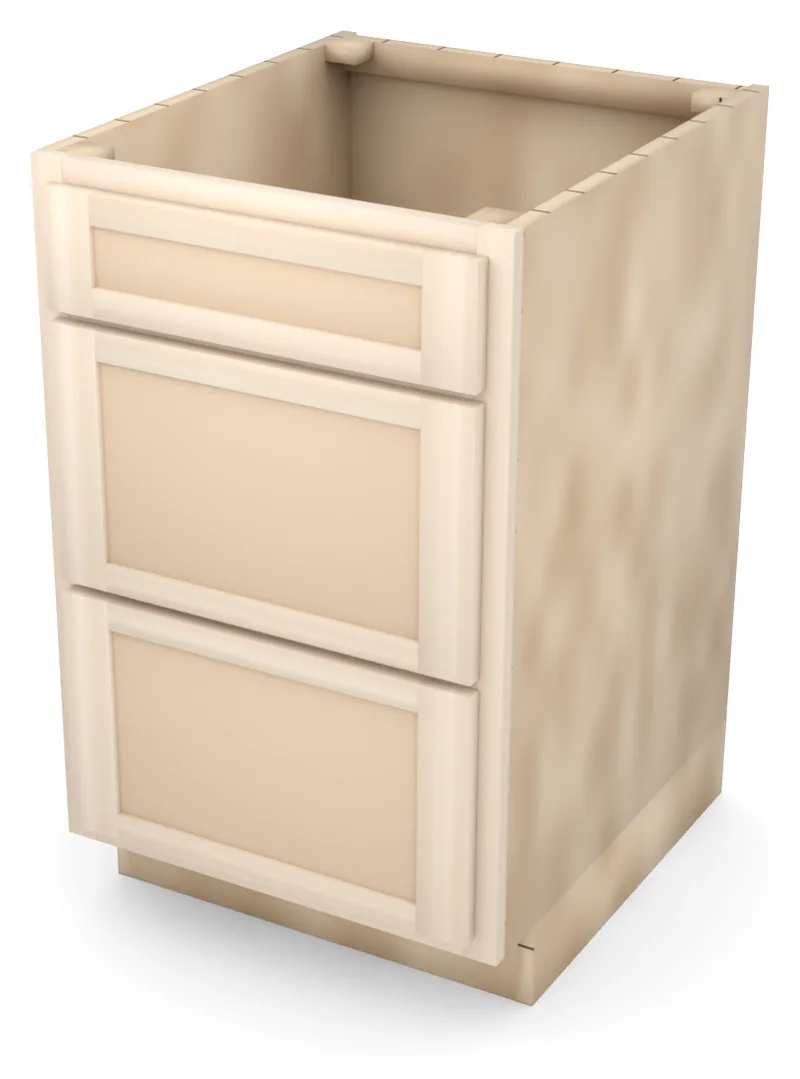 Brushhollow 21" 3-drawer base, Shaker fronts, 3/4 view, unfinished