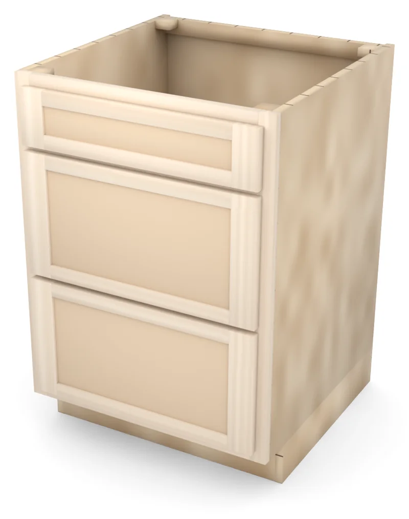 Brushhollow 24" 3-drawer base, Shaker fronts, 3/4 view, unfinished