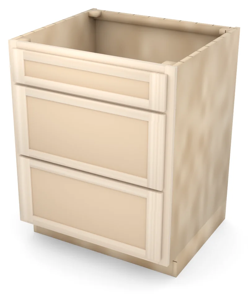 Brushhollow 27" 3-drawer base, Shaker fronts, 3/4 view, unfinished