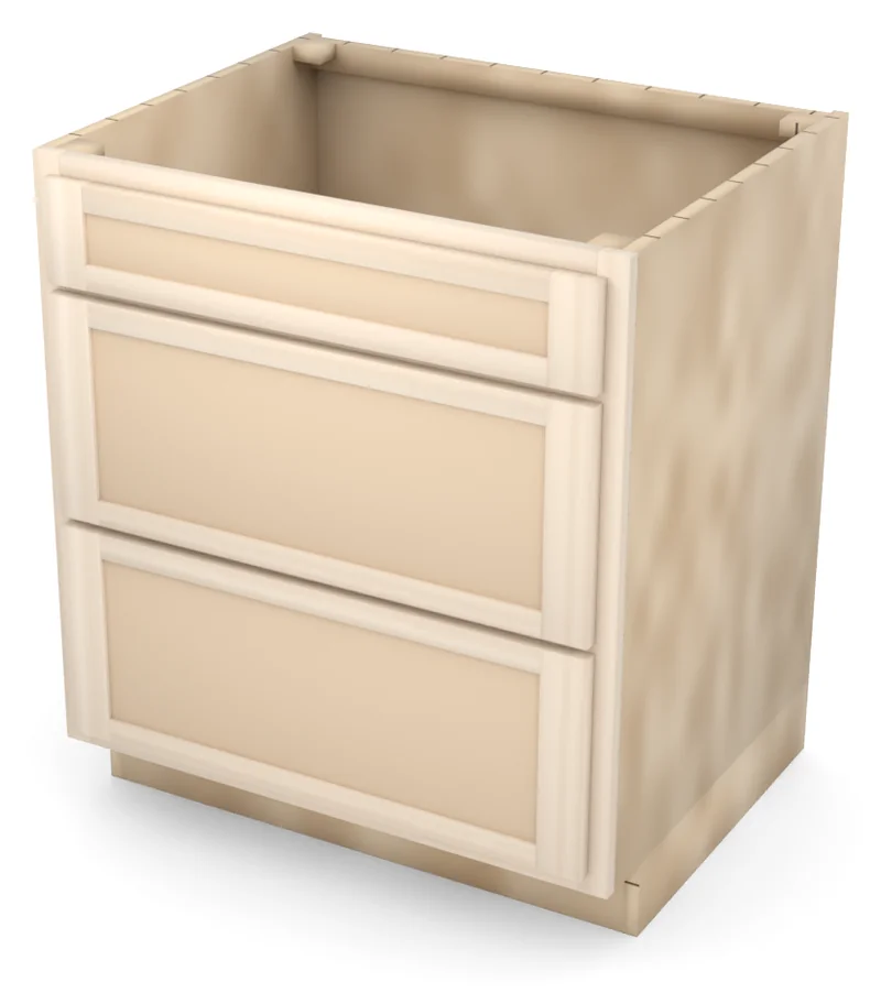 Brushhollow 30" 3-drawer base, Shaker fronts, 3/4 view, unfinished
