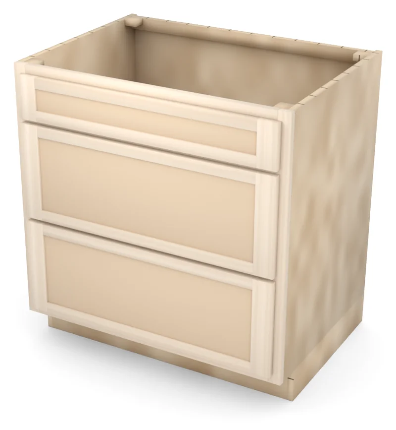 Brushhollow 33" 3-drawer base, Shaker fronts, 3/4 view, unfinished