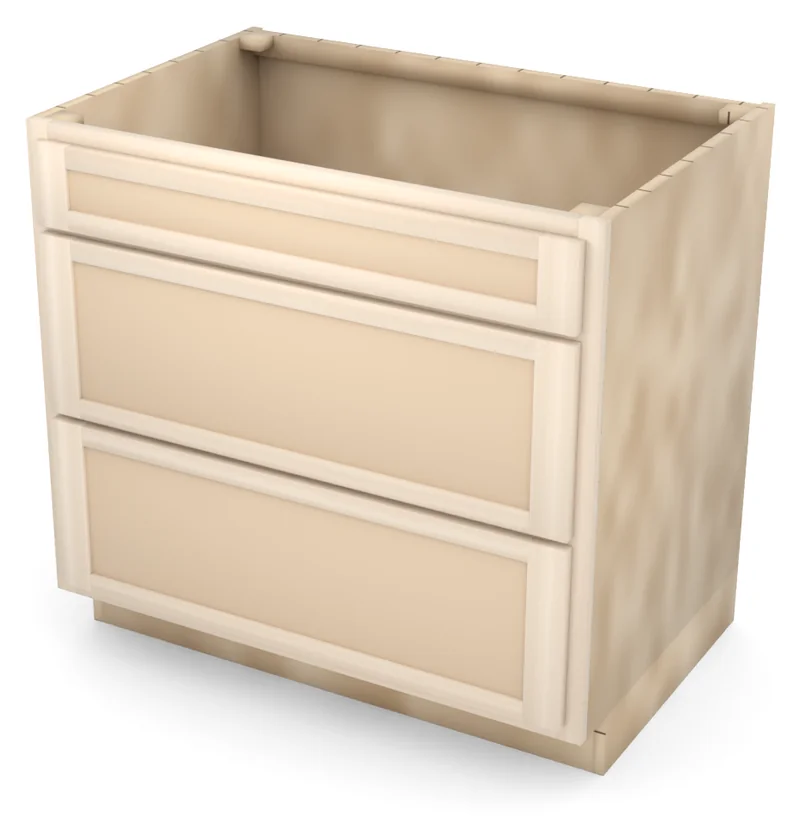 Brushhollow 36" 3-drawer base, Shaker fronts, 3/4 view, unfinished