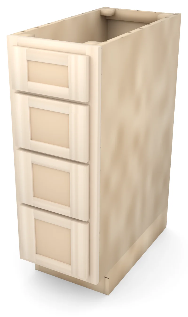 Brushhollow 12" 4-drawer base, Shaker fronts, 3/4 view, unfinished