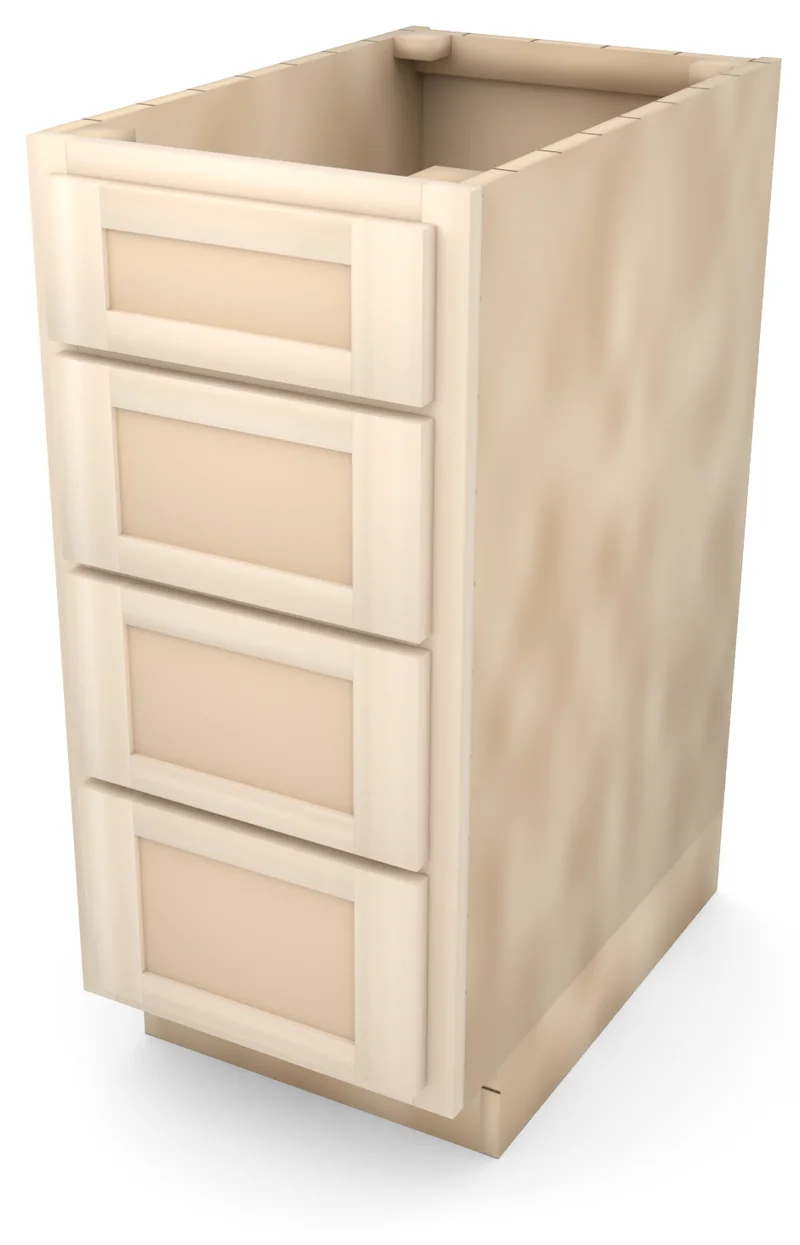 Brushhollow 15" 4-drawer base, Shaker fronts, 3/4 view, unfinished
