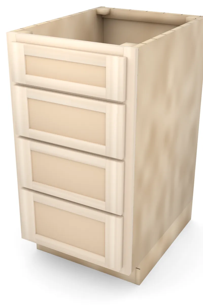 Brushhollow 18" 4-drawer base, Shaker fronts, 3/4 view, unfinished