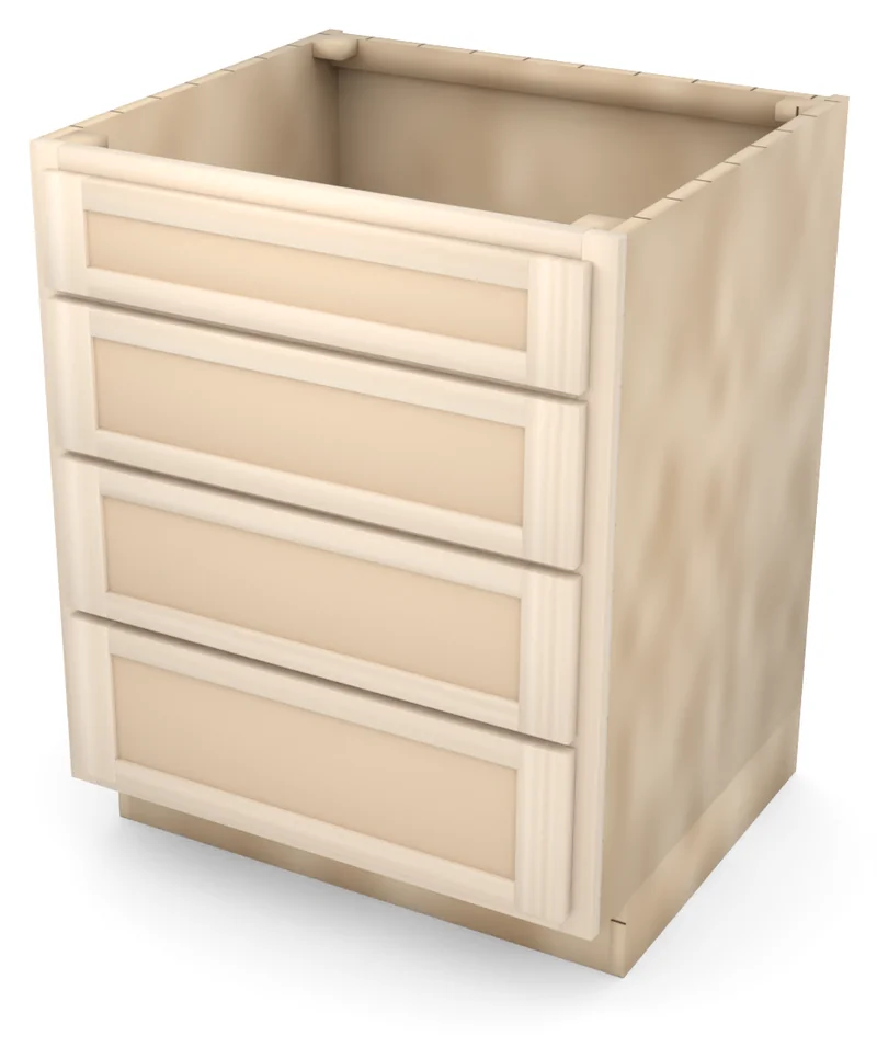 Brushhollow 27" 4-drawer base, Shaker fronts, 3/4 view, unfinished