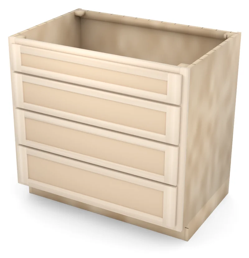 Brushhollow 36" 4-drawer base, Shaker fronts, 3/4 view, unfinished