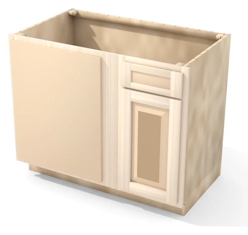Brushhollow 42" blind corner base, blind left, raised panel door hinged on the left (blind side), 3/4 view, unfinished