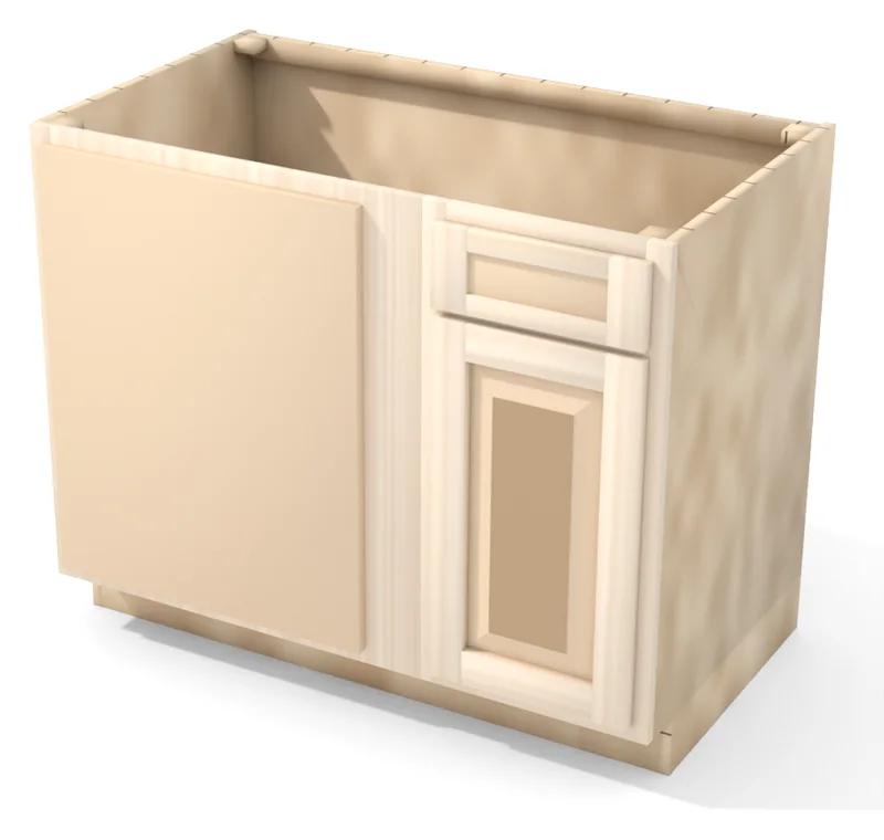 Brushhollow 42" blind corner base, blind left, raised panel door hinged on the left (blind side), 3/4 view, unfinished
