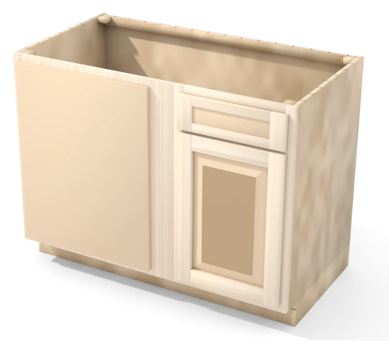 Brushhollow 45" blind corner base, blind left, raised panel door hinged on the left (blind side), 3/4 view, unfinished