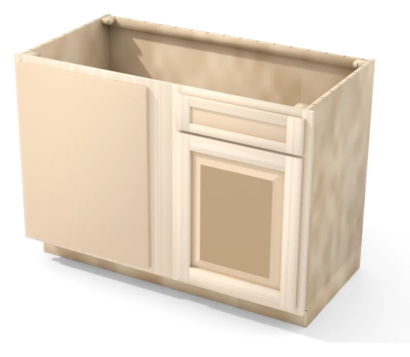 Brushhollow 48" blind corner base, blind left, raised panel door hinged on the left (blind side), 3/4 view, unfinished