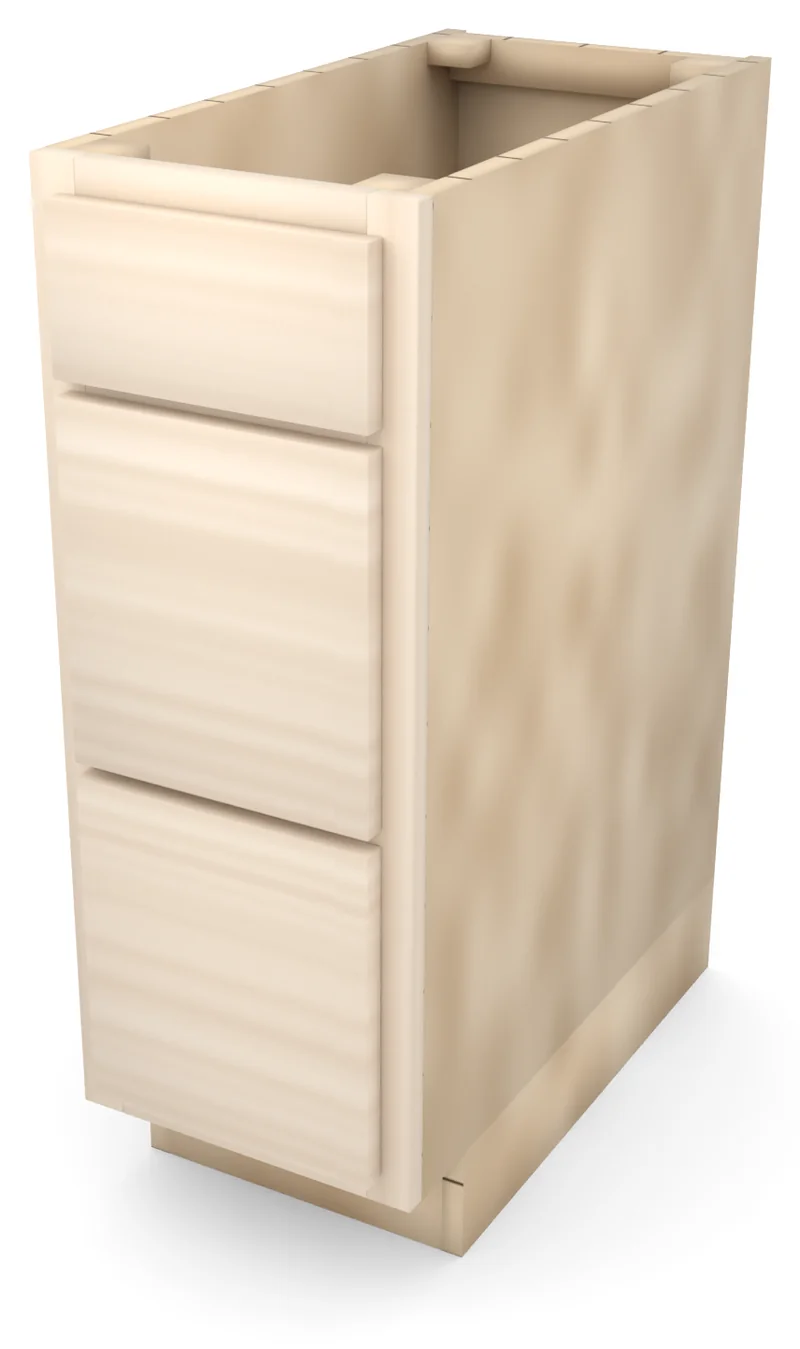 Brushhollow 12" 3-drawer base, slab fronts, 3/4 view, unfinished